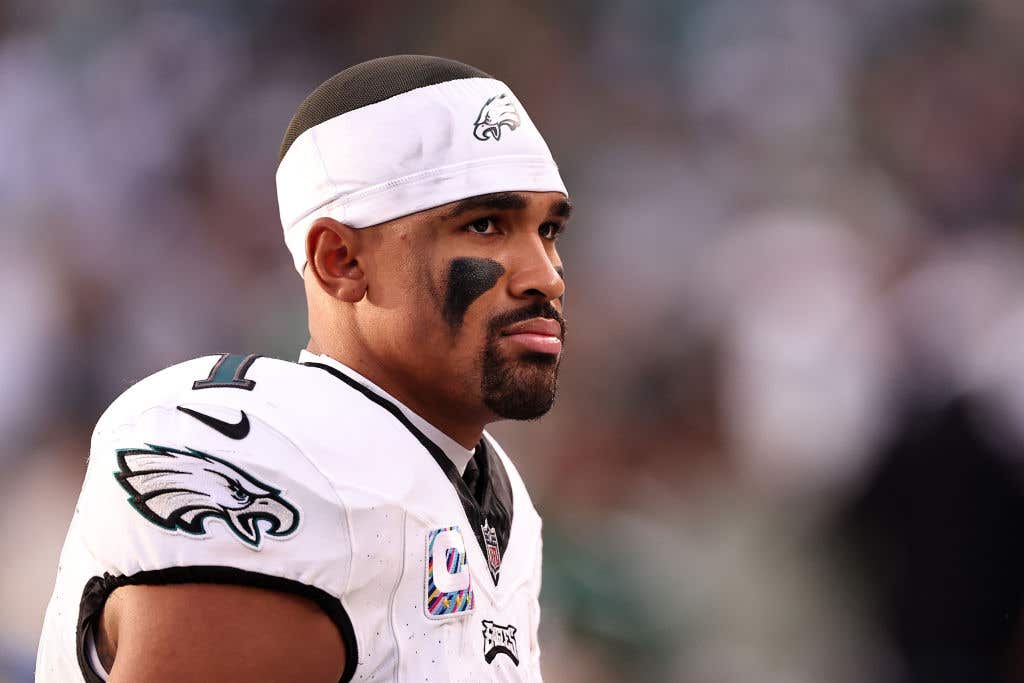 Jalen Hurts #1 of the Philadelphia Eagles looks on during the first half in the game against the New York Jets at MetLife Stadium on October 15, 2023 in East Rutherford, New Jersey.