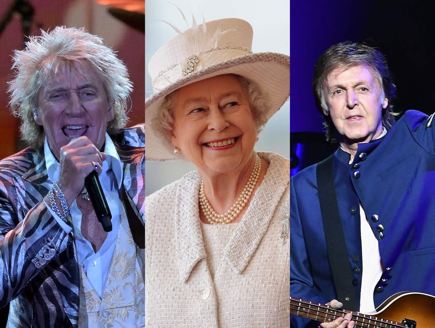 Rod Stewart performing on stage; Queen Elizabeth II posing for a photo; Paul McCartney performing on stage.