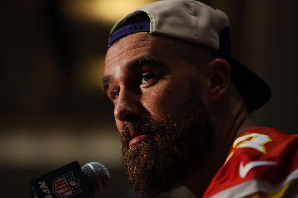 Travis Kelce of the Kansas City Chiefs speaks to the media during Kansas City Chiefs media availability ahead of Super Bowl LVIII at Westin Lake Las Vegas Resort and Spa on February 07, 2024 in Henderson, Nevada.