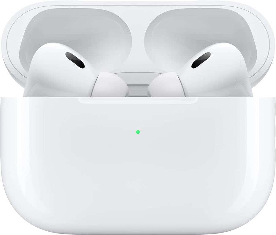 Apple Airpods Pro peeking from white charging case. These AirPods are included in my Amazon Prime Day Wishlist.