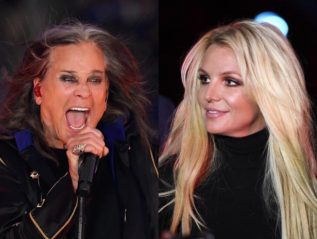 Musician Ozzy Osbourne performs during half-time of the NFL game between the Los Angeles Rams and the Buffalo Bills at SoFi Stadium on September 08, 2022 in Inglewood, California; Singer Britney Spears attends the announcement of her new residency, "Britney: Domination" at Park MGM on October 18, 2018 in Las Vegas, Nevada. Spears will perform 32 shows at Park Theater at Park MGM starting in February 2019.