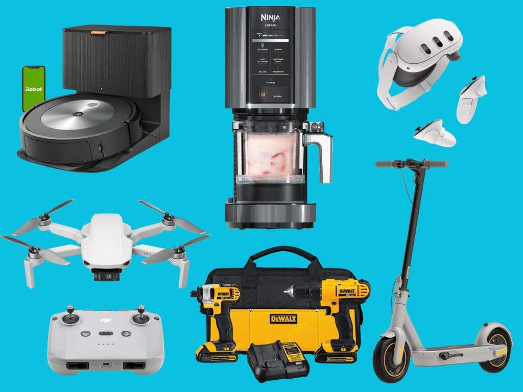 Top Amazon Prime Day 2024 products are displayed on a bright blue background including: iRobot Roomba j7+, Dewalt drill set, a Segway scooter, a drone, Ninja Creami, and the Metaquest.