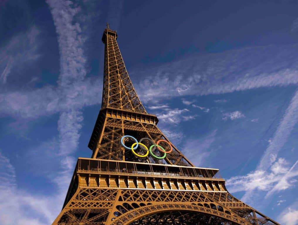 The Eiffel tower decorated with Olympic rings is seen on July 21, 2024 in Paris, France. The city is gearing up to host the XXXIII Olympic Summer Games, from 26 July to 11 August.