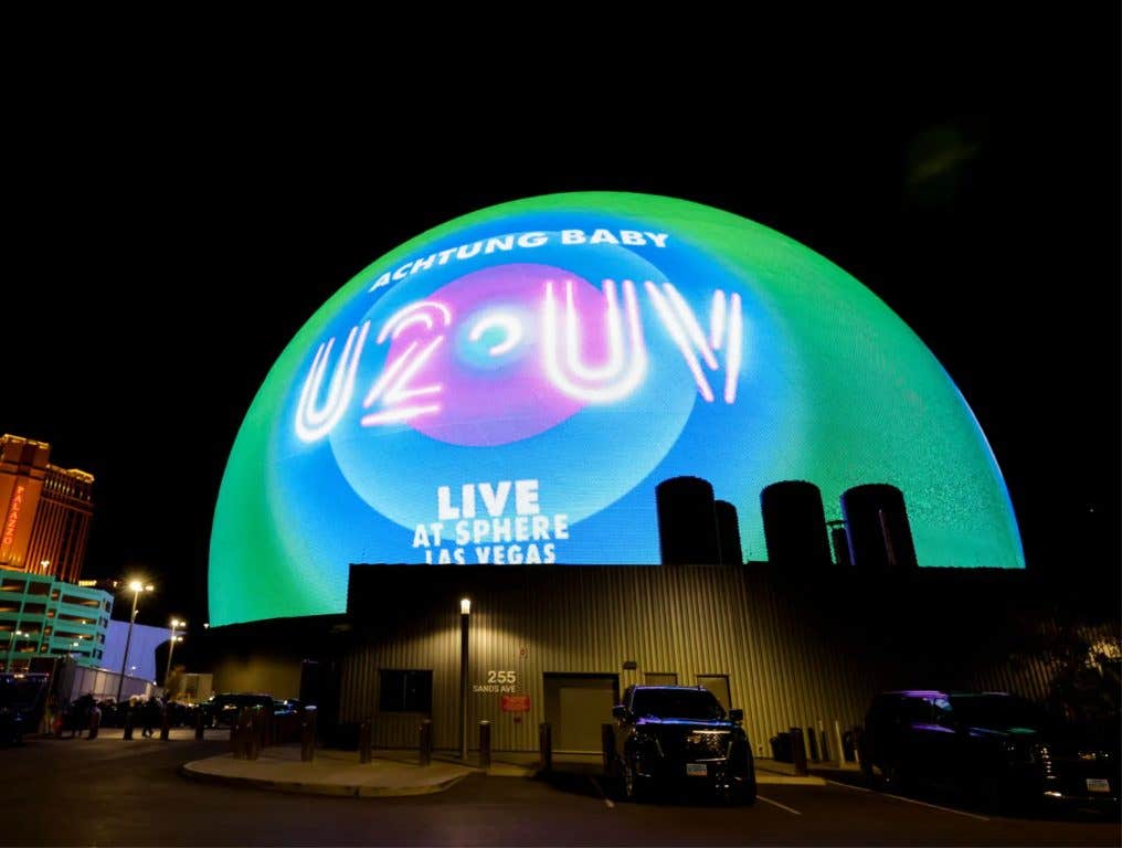 Sphere displays the name of the band U2's residency "U2:UV Achtung Baby Live at Sphere" during the venue's grand opening on September 29, 2023 in Las Vegas, Nevada.