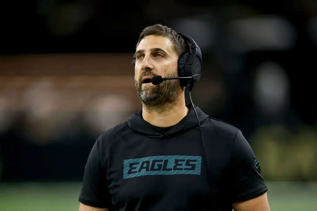 NEW ORLEANS, LOUISIANA - SEPTEMBER 22: Nick Sirianni, head coach of the Philadelphia Eagles, looks on against the New Orleans Saints during the second quarter at Caesars Superdome on September 22, 2024 in New Orleans, Louisiana.