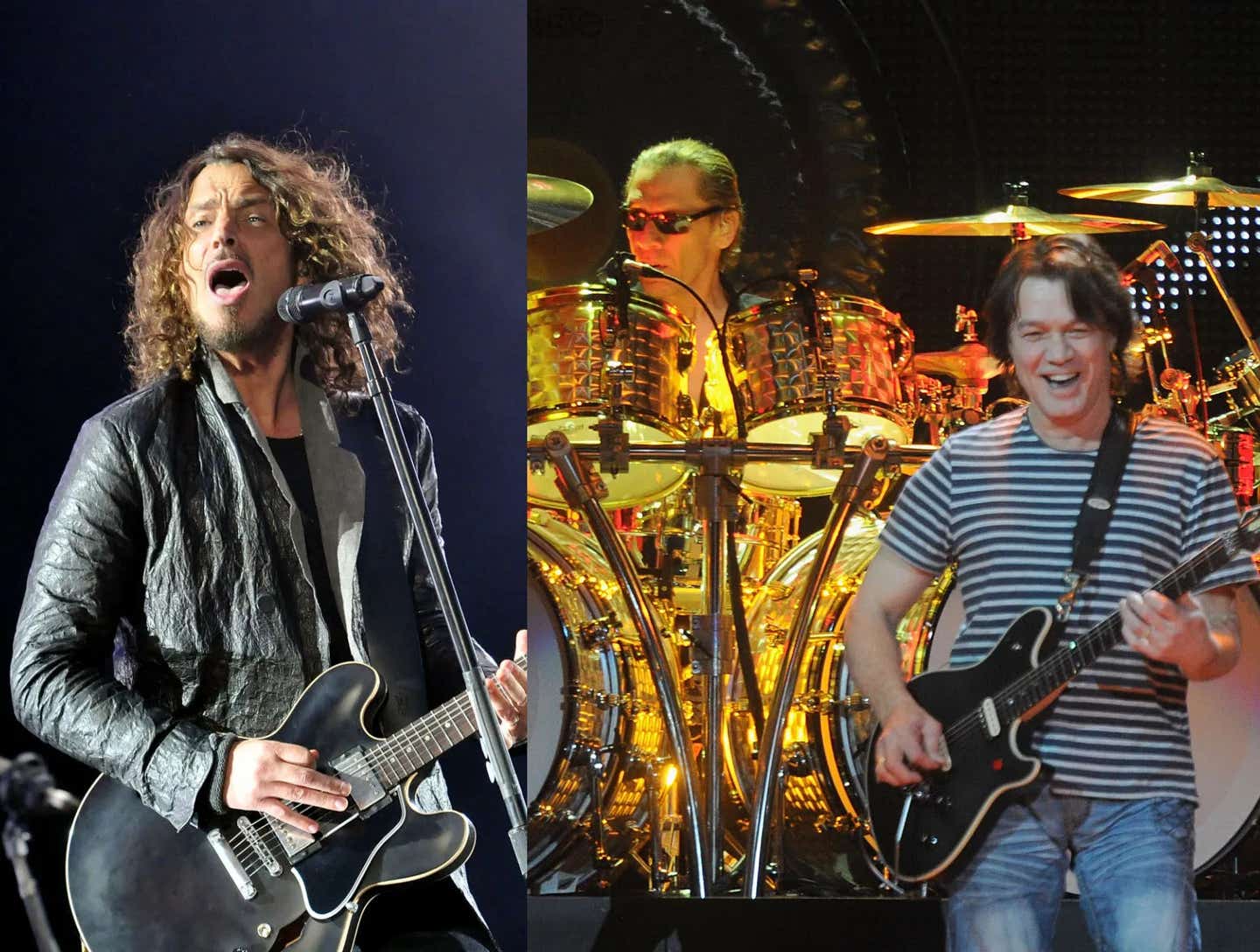 Chris Cornell of American rock group Soundgarden performs live on stage during the first day of Hard Rock Calling, at Hyde Park on July 13, 2012 in London, England; Alex Van Halen and Eddie Van Halen of Van Halen perform at Madison Square Garden on March 1, 2012 in New York City.