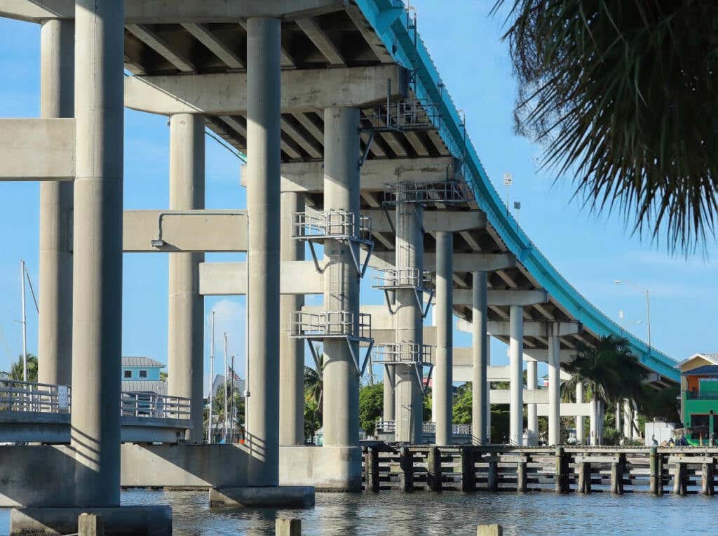 Looking up at the Matanzas Pass Bridge in Fort Myers Beach. The Matanzas bridge connects San Carlos Island with the mainland and has a 31-foot fixed span.