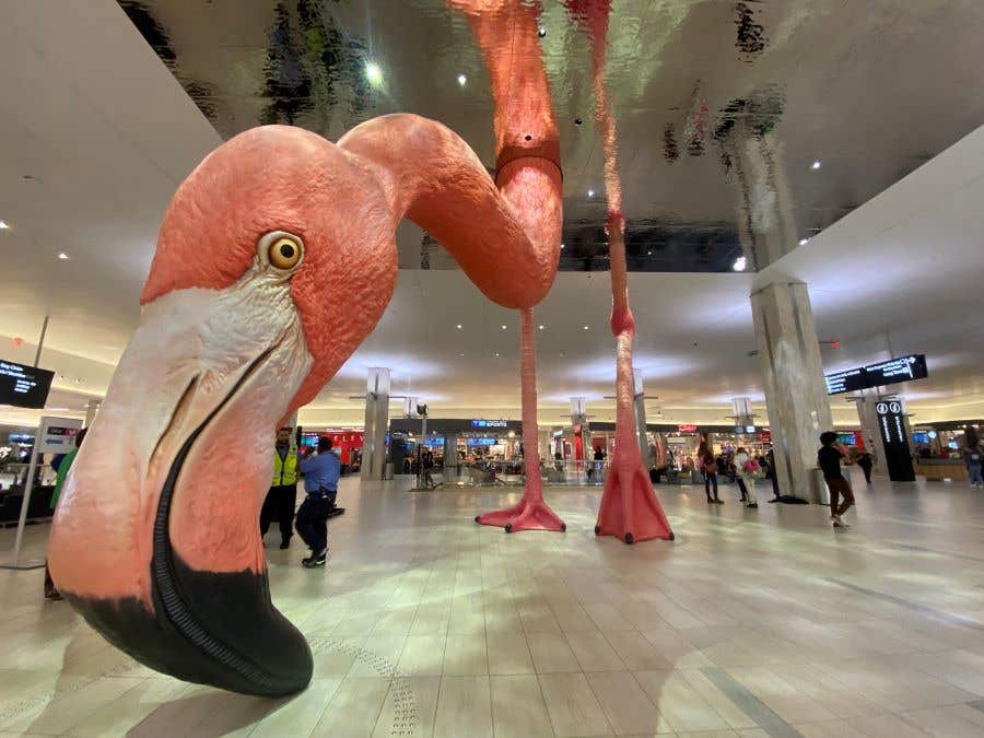 Giant Pink Flamingo sculpture in the concourse of Tampa Florida for Airports Rank Most Stress Free