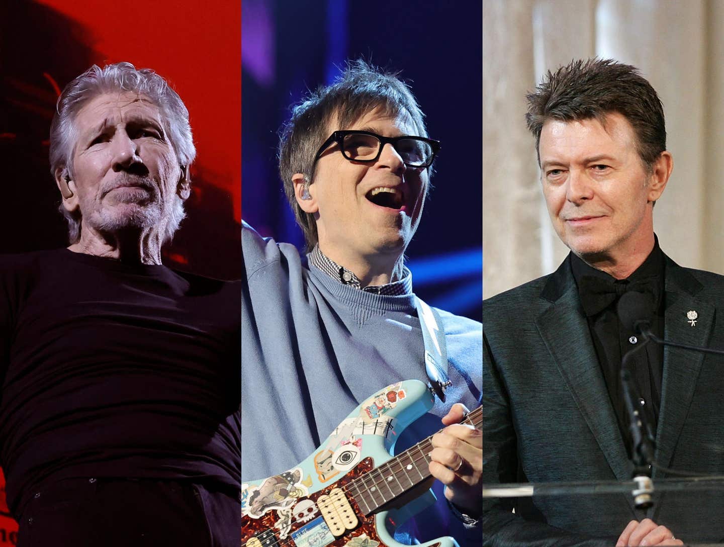 Roger Waters performs onstage at Crypto.com Arena on September 27, 2022 in Los Angeles, California; Rivers Cuomo of Weezer performs onstage during A GRAMMY Salute to The Beach Boys at Dolby Theatre on February 08, 2023 in Hollywood, California; David Bowie speaks onstage while accepting the Webby Lifetime Achievement award at the 11th Annual Webby Awards at Chipriani Wall Street on June 5, 2007 in New York City.