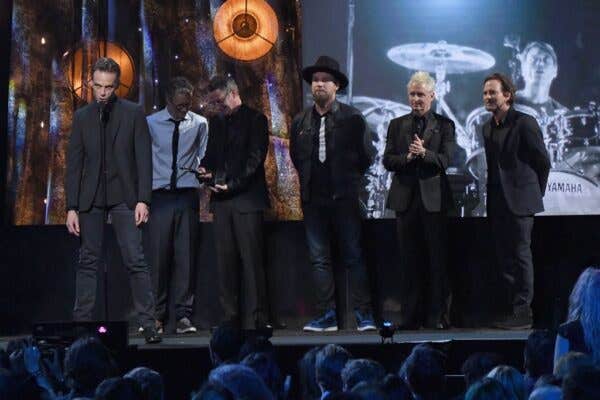 Members of the band Pearl Jam on stage during the 32nd Annual Rock & Roll Hall Of Fame Induction Ceremony