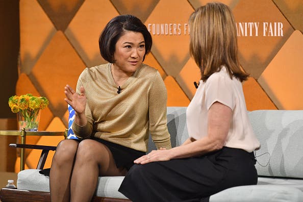 SOHO China co-founder and CEO Zhang &quot;Shynn&quot; Xin (L) and MSNBC &quot;Your Business&quot; host JJ Ramberg speak onstage during Vanity Fair's Founders Fair at Spring Studios