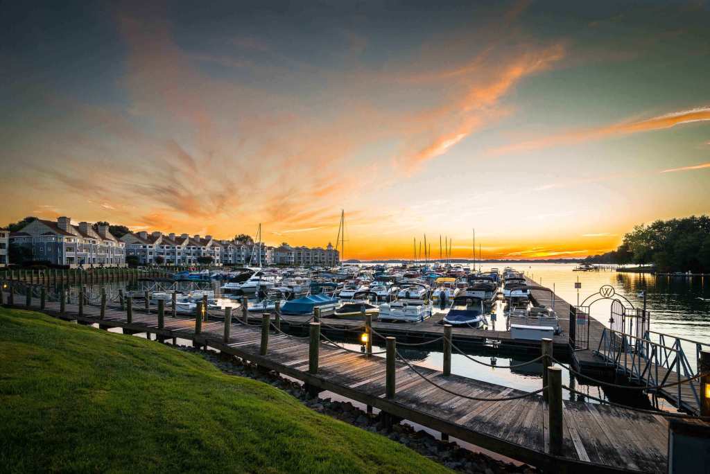 A shot of Lake Norman, North Carolina after the sun set at the shore along the marina near Charlotte.