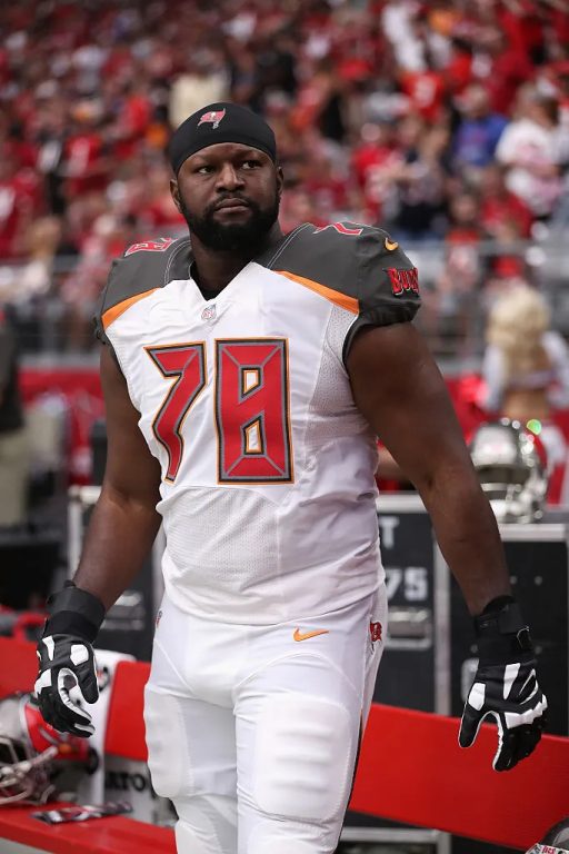 Former Tampa Bay Buccaneer Tackle Gosder Cherilus #78 of the Tampa Bay Buccaneers on the sidelines during the NFL game against the Arizona Cardinals at the University of Phoenix Stadium on September 18, 2016 in Glendale, Arizona.   The Cardinals defeated the Buccaneers  40-7.  