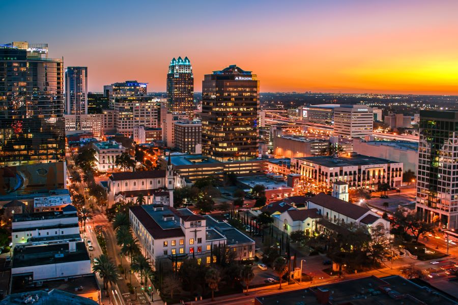 Aerial view of downtown Orlando at sunset