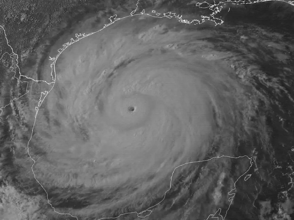 SMS-2 visible satellite image of Hurricane Allen at 5:30 PM CDT August 8, 1980, nearing its third category 5 maximum intensity across the Western Gulf of Mexico.